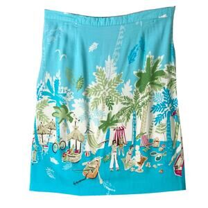 NWOT K PETITE Skirt 12P Tropical People Blue Slit Elastic Waist Multi Knee Zip